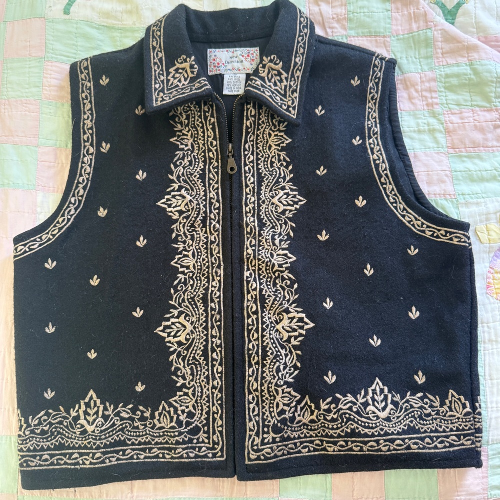 New Directions Black Vest with Floral Embroidery